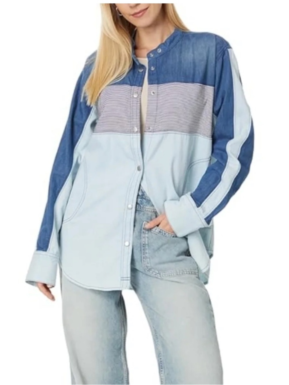 Free People Motto Color Block Shirt Blue Combo Size S NWT - Picture 3 of 9